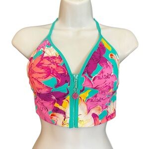 Seafolly Tropical Floral Front Zip Halter Bikini Swim Top Girl's Size 12